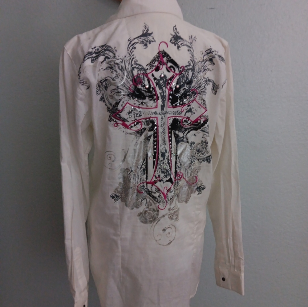 Rock47 Wrangler white button up Sz L cross design Rhinestone Bling Western
